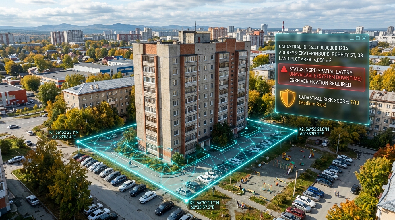 Панельный девятиэтажный дом на Уралмаше в Екатеринбурге с AR-визуализацией кадастрового контура участка и статусом НСПД