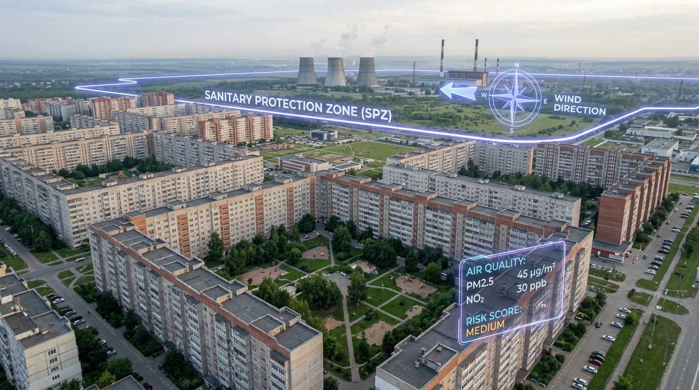 Жилой микрорайон с AR-визуализацией санитарно-защитной зоны, розы ветров и телеметрии качества воздуха