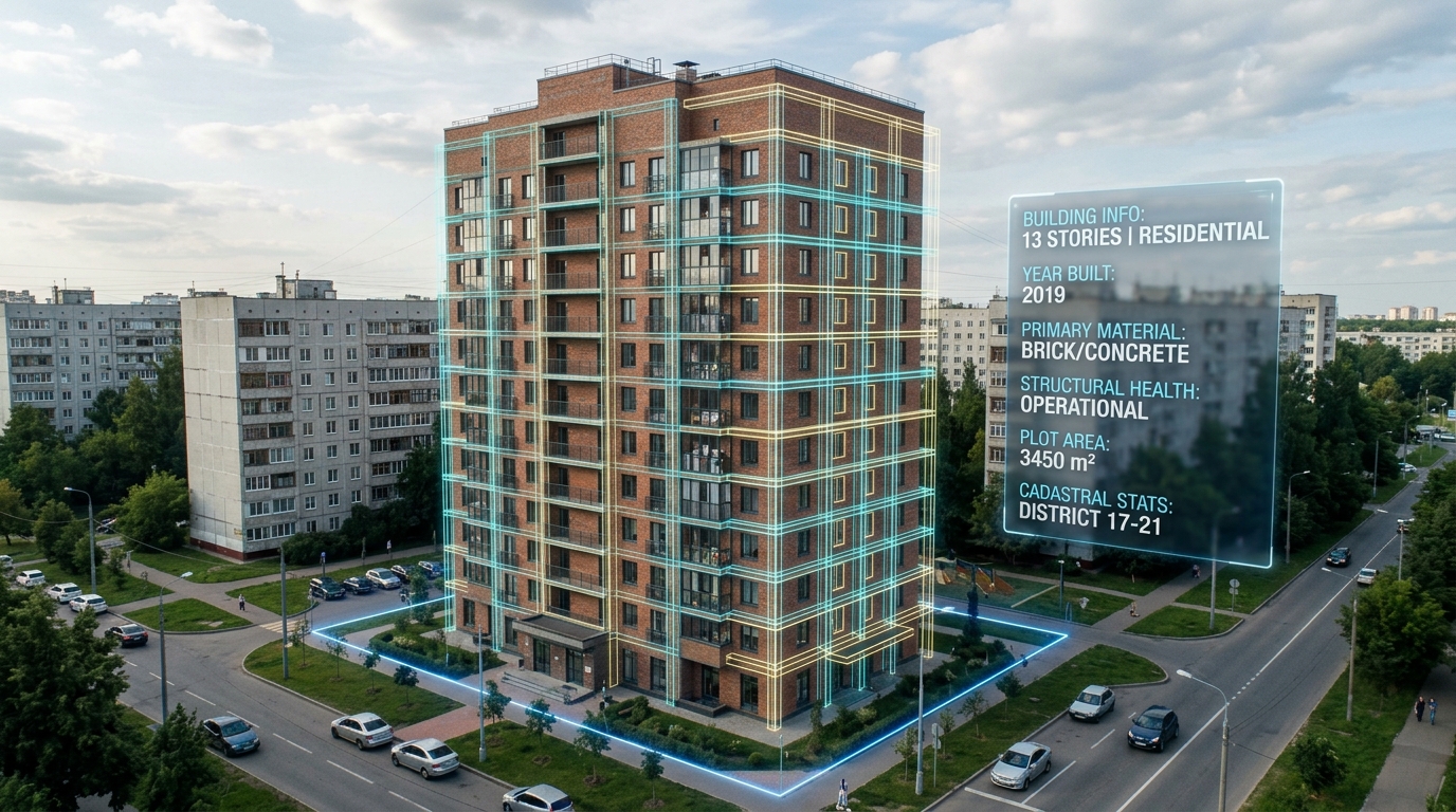 Многоквартирный жилой дом с AR-визуализацией года постройки, материала стен и этажности