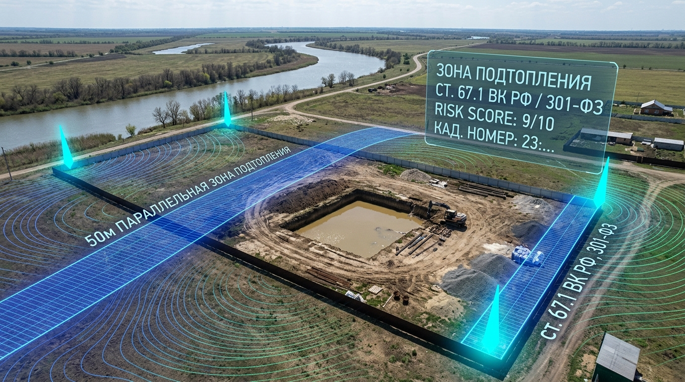 Участок в Славянском районе на Кубани с AR-визуализацией границы 50-метровой зоны подтопления грунтовыми водами и котлованом