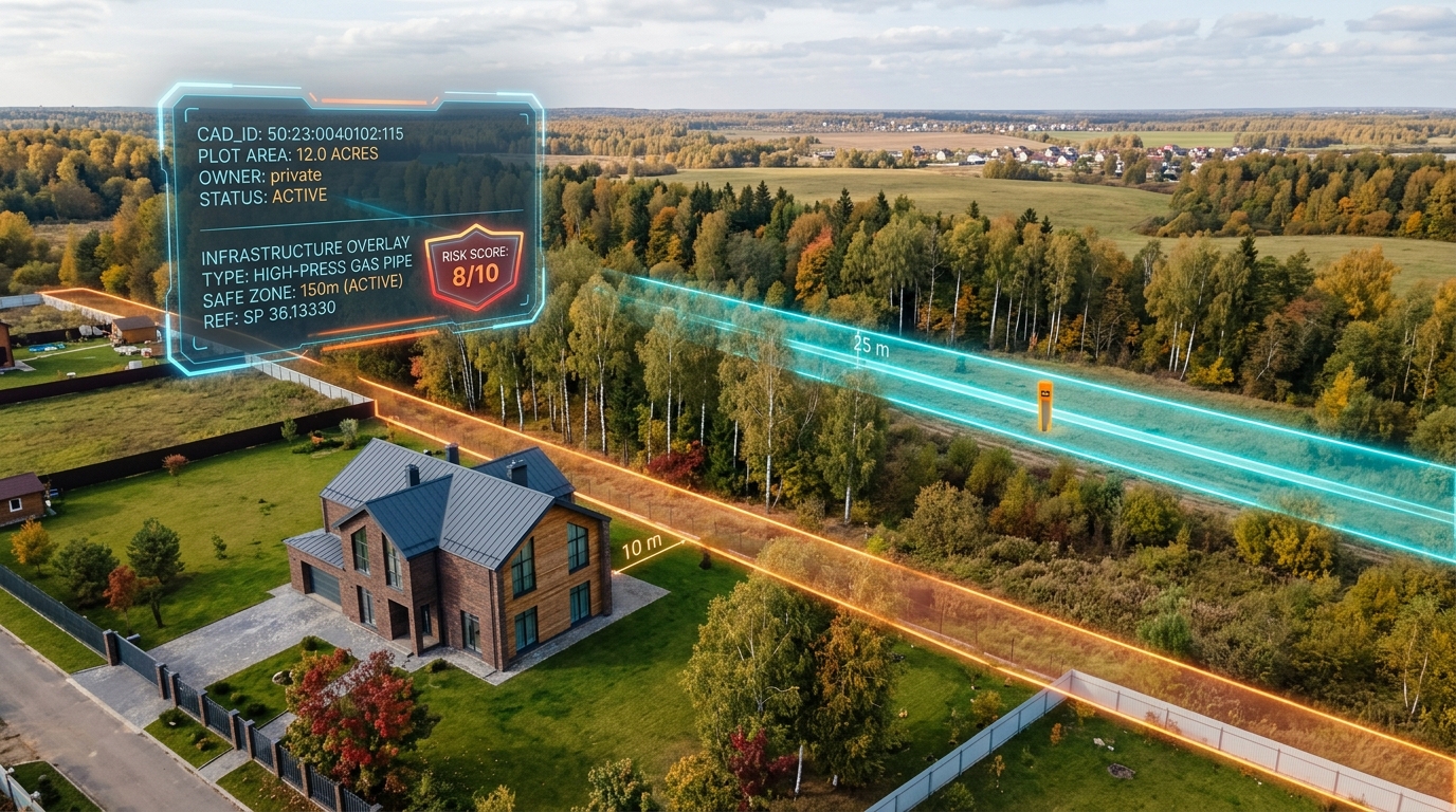 Коттедж в Раменском округе с AR-визуализацией охранной зоны газопровода 25 м и зоны минимальных расстояний 150 м